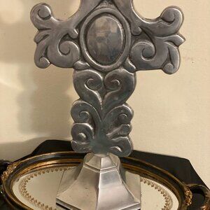 Vintage Cast Aluminum Standing Cross 14.5" Silver Scroll Christmas Altar Decor